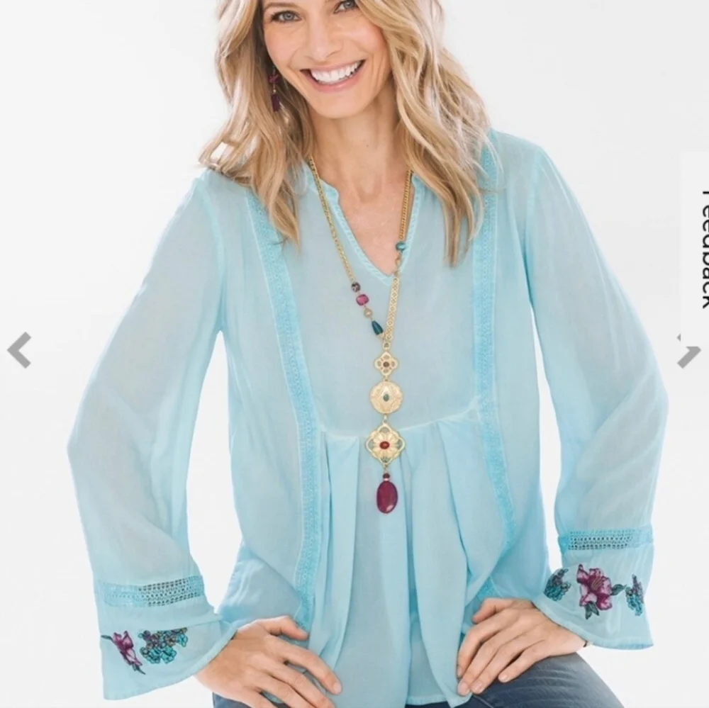 Chico's Light Blue Embroidered Boho‎ Blouse Size Medium